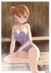 alternate_hairstyle bare_arms bare_legs bare_shoulders bare_thighs barefoot blush breasts cleavage closed_mouth collarbone feet large_breasts love_live! love_live!_superstar!! medium_breasts naked_towel orange_hair ponytail purple_eyes sauna shibuya_kanon sitting steam sweat sweaty_body thighs toes towel towel_only yzlkun