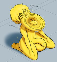 1boy ahe_gao balls body_horror boylet drooling flaccid gaping_mouth gay gold gold_skin head_reeled_back huge_balls large_penis male male_only malesub messy_hair navel nose_hook nude octoboy penis saliva_trail shiny_skin sitting steamy_breath sweaty_belly sweaty_thighs tongue transformation transformation_(body_part) transformation_(object)