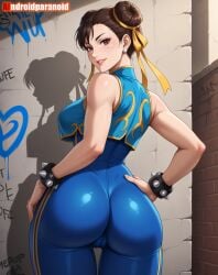 2025 ai_generated aindroidparanoid ass blue_and_yellow blue_outfit bracelets chun-li chun-li_(street_fighter_alpha) chun-li_(street_fighter_ii) hands_on_hips instagram looking_at_viewer looking_back meta metal_bracelet smile_at_viewer street_fighter street_fighter_alpha