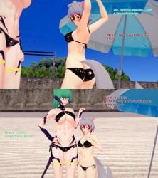 2girls 3d abs au_ra au_raimdelle bikini black_scales breasts cat_ears cat_tail english_text female female_focus final_fantasy final_fantasy_xiv gray_hair green_hair horns koikatsu miqo'te muscular muscular_female oc original_character swimsuit tail text xavierhuge yae_yoshizawa