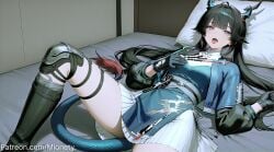 ahoge ai_generated arknights arknights_endfield bed belt black_footwear black_gloves black_hair blue_dress blue_eyes blue_jacket blush boots breasts chen_qianyu_(arknights) chinese_clothes copyright_name copyright_notice cropped_jacket dragon_girl dragon_horns dragon_tail dress earrings feet_out_of_frame female gloves hair_spread_out hairband hand_on_own_chest holding horns indoors jacket jewelry knee_boots knee_up large_breasts long_hair long_sleeves looking_at_viewer lying medium_breasts mionety mole multicolored_hair official_alternate_costume on_back on_bed open_clothes open_jacket open_mouth pillow pleated_skirt saliva shirt short_sleeves sidelocks skirt solo tail thigh_strap thighs tongue tongue_out very_long_hair white_skirt