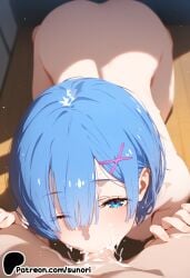 ai_generated blue_eyes blue_hair blurry blurry_background blurry_foreground cum cum_in_mouth depth_of_field fellatio motion_blur nude oral re:zero_kara_hajimeru_isekai_seikatsu rem_(re:zero) short_hair straight sunori