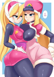 2girls big_breasts blonde_hair bodysuit ciel_(mega_man) ichduhernz mega_man mega_man_zero mega_man_zx multiple_girls prairie simple_background small_breasts