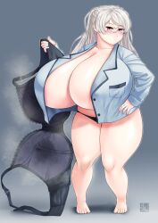 1girls absurdres black_bra black_panties blush bra bra_removed breasts breasts_bigger_than_head brown_eyes button_up_shirt cleavage conte_di_cavour_(kantai_collection) curvy female female_only full_body gigantic_breasts grey_background grey_hair highres holding holding_bra holding_clothes holding_underwear hyper_breasts kantai_collection light-skinned_female light_skin long_hair looking_at_viewer panties plump sazaofqueen shortstack simple_background solo stained_bra steam sweat_stain sweaty_bra thick_thighs thighs toes unbuttoned unbuttoned_shirt underwear wet_bra