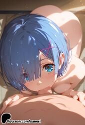 1boy ai_generated blue_eyes blue_hair blush eyes_visible_through_hair fellatio female hair_ornament looking_at_viewer nude oral penis pov re:zero_kara_hajimeru_isekai_seikatsu rem_(re:zero) short_hair solo_focus straight sunori x_hair_ornament