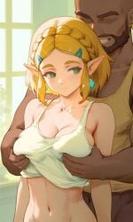 ai_generated beard breast_grab dark-skinned_male double_breast_grab faceless_male grin imminent_sex indoors light_smile looking_to_the_side tank_top zelda_(breath_of_the_wild)