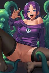 blue_eyes erect_nipples erect_nipples_under_clothes feet highres imminent_tentacle_sex lasterk lemmy_(zone) open_mouth purple_hair pussy spread_legs stockings suggestive tentacle tights tongue uncensored zone-tan