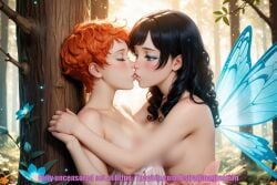 ai_assisted ai_generated astral_imagination astralation black_hair blue_eyes breasts curly_hair fairy female half_fae les lesbian lesbian_kiss lesbians panties petite pixie_cut pixie_cut_female pixie_cut_hair red_hair redhead_female sexy small_boobs teasing wings yuri