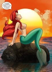 ariel ariel_(the_little_mermaid) arms blue_eyes breasts dialogue disney disney_princess drawnthatwayxx enchantedhentai.com english english_text female green_tail hands lips lipstick long_hair looking_up mermaid nipples open_mouth png pun red_hair rock sea solo speech_bubble sun text the_little_mermaid the_little_mermaid_(1989_film) topless water