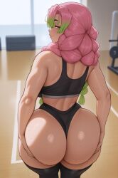 ai_generated demon_slayer green_eyes gym_clothes holding_ass kanroji_mitsuri large_ass large_breasts pink_and_green_hair sports_bra stuffyai tagme thick_thighs