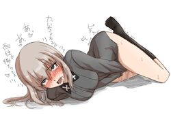 ahegao ass blue_eyes blush clothed female_only girls_und_panzer grey_hair itsumi_erika kanokishi_(manjushage) masturbation pussy_juice simple_background wet_pussy white_background white_hair