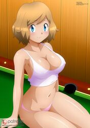 armpits big_breasts blue_eyes blush blushing bra breasts brown_hair cleavage female female_only human human_only large_breasts looking_at_viewer nipples nipples_visible_through_clothing pajamas panties pink_panties pokemon pool_table serena_(pokemon) shiny_skin short_hair sitting solo thighs zel-sama