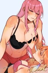 1futa 1futa1girl 1girl 1girl1futa 1girls 2girls absurdres amlichan artist_name bare_shoulders black_bra blush bra breasts bulge commentary cowgirl_position earrings english_commentary eye_contact feather_earrings feathers futa_with_female futanari grabbing_another's_ass grin groping highres hololive hololive_english jewelry large_breasts long_hair looking_at_another mori_calliope multiple_girls nail_polish naughty_face navel no_shirt orange_hair pink_bra pink_eyes pink_hair pink_nails red_eyes red_shorts shorts smile straddling takamori_(hololive) takanashi_kiara underwear virtual_youtuber white_background yuri