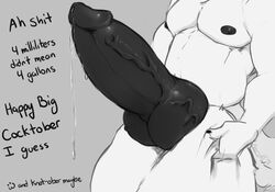 2018 :3 animal_genitalia animal_penis anthro balls balls_expansion big_balls big_penis black_penis canine canine_penis english_text erection expansion front_view fur huge_balls hyper hyper_balls hyper_penis knot koorivlf male male_only mammal monochrome muscular nipples nude pecs penis penis_expansion precum signature simple_background standing text vein veiny_penis white_fur