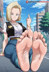 1girls ai_generated android_18 blonde_hair feet feet_focus feetsimp18 female female_focus female_only flipping_off foot_fetish foot_focus soles