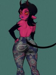 artist_request ass character_request copyright_request demon demon_girl demon_horns demon_tail female flare_pants forbidden_pants red_eyes red_skin tagme topless topless_female yoga_pants