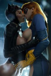 3d akkonsfw barbara_gordon batgirl batgirl_(gotham_knights) batman:_arkham_knight batman_(series) breasts catwoman catwoman_(arkham) dc dc_comics gotham_knights kissing nipples ripped_clothing selina_kyle superhero superheroine