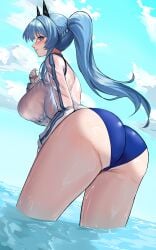 absurdres ass bikini blue_bikini blue_eyes blue_hair blue_sky braid breasts cloud commentary day dutch_angle female from_behind gloves goddess_of_victory:_nikke hair_ornament half_up_braid hand_on_own_thigh hand_up helm_(aqua_marine)_(nikke) helm_(nikke) highres horizon kopepan_(kopepann11) large_breasts leaning_forward long_hair long_sleeves looking_at_viewer looking_back no_pants ocean official_alternate_costume outdoors parted_lips ponytail profile see-through_clothes see-through_shirt shirt sidelocks sideways_glance sky solo standing swimsuit wading water wet wet_clothes wet_shirt white_gloves white_shirt