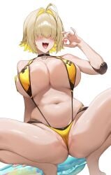 absurdres areola_slip bare_shoulders blonde_hair blush breasts elegg_(boom_and_shock)_(nikke) elegg_(nikke) eyes_visible_through_hair female goddess_of_victory:_nikke hair_intakes hair_over_eyes hand_up heart highres huge_breasts looking_at_viewer navel official_alternate_costume one-piece_swimsuit open_mouth partially_visible_vulva samart sideboob simple_background slingshot_swimsuit smile solo squatting stomach swimsuit thighs tongue white_background yellow_one-piece_swimsuit