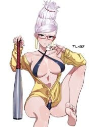 ayase_seiko baseball_bat brown_eyes dandadan feet glasses hoop_earrings hoop_earrings_oversized inner_sideboob medium_breasts one_piece_swimsuit red_glasses thighs ti_keep white_hair