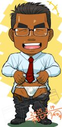 1boy 2025 black_hair bulge chibi dark_skin dated fundoshi glasses male male_only office_clothing original signature solo tagme taku_hiraku thick_eyebrows white_fundoshi