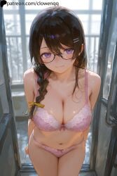 1girls ai_generated belly_button big_breasts black_hair bra braid breasts clowenqq dark_hair female female_focus female_only front_view glasses hair_between_eyes hairclip hanekawa_tsubasa highres looking_at_viewer monogatari_(series) navel panties purple_eyes smile solo solo_female solo_focus standing thighs underwear underwear_only young younger_female