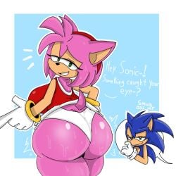 amy_rose big_ass big_breasts dialogue dress female fully_clothed grin panties sega sillyfriedbeans sonic_(series) sonic_the_hedgehog sonic_the_hedgehog_(series) sweaty sweaty_butt