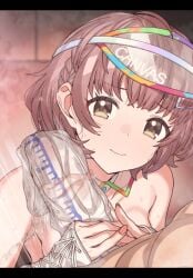 1boy bare_shoulders breasts brown_eyes brown_hair bulge erection erection_under_clothes erere female handjob idolmaster idolmaster_shiny_colors ikuta_haruki paid_reward_available short_hair straight sweat visor_cap