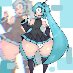 1girls back_view blue_eyes blue_hair glitch hatsune_miku headgear large_ass large_breasts miku mikumikudance ninckvel simple_background simple_shading sketch skirt thick_thighs thighhighs