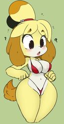 2018 :3 animal_crossing anthro areola areola_slip ass big_breasts bikini black_nose blush breasts canine clothed clothing color_edit colored confusion edit eyebrows eyelashes female fur green_background hair hearlesssoul isabelle_(animal_crossing) mammal navel nintendo nipple_slip nipples pawtsun pussy pussy_floss shih_tzu simple_background skimpy solo standing swimsuit thick_thighs video_games voluptuous wide_hips yellow_fur