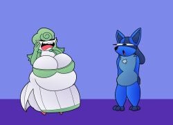 bbw big_breasts breasts cleavage female furry gardevoir huge_breasts lucario overweight pokemon pokemon_(species) tagme teaset_haliley thick_thighs wide_hips