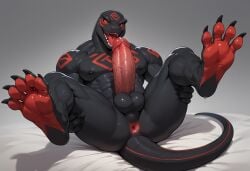 1boy 1male 5_toes ai_generated anthro anus balls big_penis black_body full_body lizard lying lying_on_back male male_only muscular muscular_male open_mouth precum red_markings soles solo tail toe_claws tongue_out veiny_penis