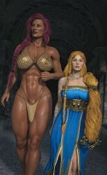 1futa 1girls 3d abs blonde_hair brynhildr93 bulge bulge_through_clothing dark-skinned_futanari dark_skin female futanari god_of_war larger_futanari loincloth muscular muscular_futanari penis_peek purple_hair sif_(god_of_war) size_difference smaller_female