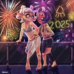 2025 2girls blush bra cleavage female/female female_only fireworks happy_new_year marie_(splatoon) new_year shiver_(splatoon) sideboob smile splatoon sweat sweatdrop sweating yuri