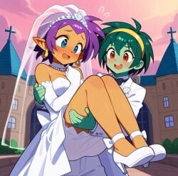 2girls ai_generated blue_eyes blush bridal_carry bridal_dress bride green_hair open-mouth_smile open_mouth purple_hair red_eyes rottytops shantae shantae_(character) tuxedo wedding wedding_dress yuri zombie_girl