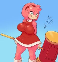 amy_rose big_breasts blush dress fully_clothed furry hammer nervous_smile sega sonic_(series) sonic_the_hedgehog_(series)