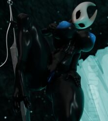 3d anthro arthropod big_breasts black_body black_breasts black_eyes blender_(artwork) blue_nipples bottom_view breasts cave cave_background digital_media_(artwork) eyelashes female genitals hi_res holding_melee_weapon holding_object holding_weapon hollow_knight horn hornet_(hollow_knight) looking_at_viewer looking_down melee_weapon mironack nipples nude poster pussy raised_leg solo team_cherry watermark weapon white_head