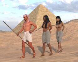 1boy 2girls 3d ancient_egypt arms_behind_back black_hair bondage fantasytubasa original pyramid spear weapon