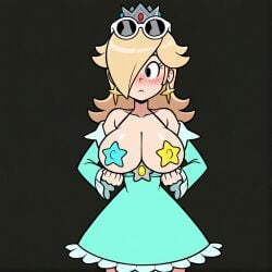 ai_generated blonde_hair breasts crown dress dress_pull earrings hair_over_one_eye large mario_(series) pasties princess_rosalina stable_diffusion