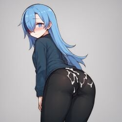 1girls absurd_res ai_generated ass blue_cardigan blue_eyes blue_hair blush cardigan covered_eye cum cum_on_ass cum_on_clothes embarrassed falsegate from_behind hair_over_one_eye highres looking_back multicolored_hair nervous original original_character seiko_myrallis solo two-tone_hair