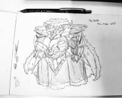 alien cape cleavage clothed concept_art drawing female gigantic_breasts head_crest horns muscular_female the_brute_(zeblackballd) uniform ze_blackball.d zeblackballd_(artist)