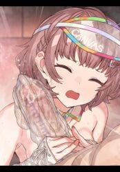 1boy bare_shoulders breasts brown_hair bulge censored closed_eyes cum ejaculation erection erection_under_clothes erere female handjob idolmaster idolmaster_shiny_colors ikuta_haruki mosaic_censoring open_mouth paid_reward_available penis short_hair straight sweat visor_cap x-ray