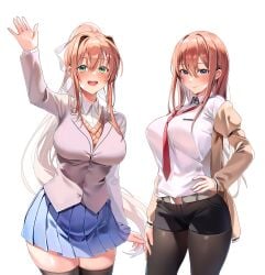 2girls big_breasts blue_eyes blushing brown_hair crossover doki_doki_literature_club green_eyes hair_ribbon long_hair looking_at_viewer machulanko makise_kurisu monika_(doki_doki_literature_club) school_uniform schoolgirl schoolgirl_uniform shorts skirt slim_waist smiling_at_viewer steins;gate thick_thighs thighhighs tied_hair tight_clothing tight_fit waving waving_at_viewer