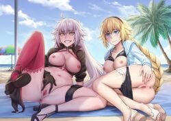 2girls ahoge ass beach bikini black_bikini black_gloves black_jacket blonde_hair blue_eyes blue_jacket braid braided_ponytail breasts censored choker collarbone commentary_request cropped_jacket fate/grand_order fate_(series) gloves grey_hair grin hairband highres hood hooded_jacket jacket jeanne_d'arc_(fate) jeanne_d'arc_(swimsuit_archer)_(fate) jeanne_d'arc_(swimsuit_archer)_(first_ascension)_(fate) jeanne_d'arc_alter_(fate) jeanne_d'arc_alter_(swimsuit_berserker)_(fate) large_breasts long_hair long_sleeves looking_at_viewer lying multiple_girls navel nipples o-ring o-ring_bikini pussy red_thighhighs revision sakuya_(liao_kj) shrug_(clothing) single_thighhigh smile spread_legs swimsuit thigh_strap thighhighs very_long_hair yellow_eyes