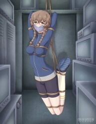 1girls 2d amane_suzuha arms_behind_head blush blushing_at_viewer bondage bound breasts clothed female female_only gag gagged gagged_female light-skinned_female light_skin looking_at_viewer okkusen rope rope_between_breasts rope_bondage solo steins;gate submissive submissive_female suspended suspended_in_midair suspension suspension_bondage tape tape_gag taped_mouth thick_thighs thighs