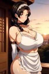 1girls black_hair busty hajimete_no_hitozuma maid_outfit maid_uniform mature_female milf mommy mother ponytail tomoko_(hajimete_no_hitozuma) voluptuous_female wide_hips