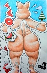 absurd_res anthro ass big_butt bite bodily_fluids bubble_butt christmas cookie duo eating english_text felid feline female food gingerbread gingerbread_cookie gingerbread_man hi_res holidays junipurr male male/female mammal marthan_crowl_(artist) slightly_chubby slightly_chubby_anthro slightly_chubby_male snow surprised sweat sweatdrop text thick_thighs wide_hips