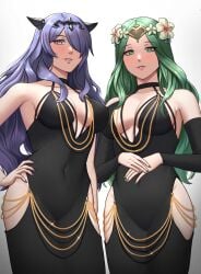 2025 2d 2d_(artwork) 2girls adult adult_female armwear camilla_(fire_emblem) curvy_body curvy_female curvy_figure digital_drawing_(artwork) digital_media_(artwork) dress dress_lift duo duo_female female/female female_focus female_only fire_emblem fire_emblem:_three_houses green_eyes green_hair hair_over_one_eye hand_on_own_head hand_on_own_hip highres hourglass_figure jewelry light-skinned_female looking_at_viewer low-angle_view matsuo95 mature mature_female mature_woman milf milfs mommy mother multiple_girls older older_female purple_eyes purple_hair revealing revealing_clothes rhea_(fire_emblem) shiny_skin smile smiling_at_viewer standing thighs video_game_character video_games wide_hips