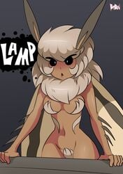 belly bigdeadalive black_eyes dark-skinned_female dark_skin english_text female female_only fur lamp medium_breasts meme moth moth_girl moth_lamp_meme navel no_humans pubic_hair simple_background solo text watermark wings