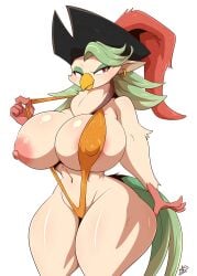 2018 absurd_res anthro areola avian beak big_breasts bikini bird breasts captain_celaeno_(mlp) clothing curvy_figure digital_media_(artwork) ear_piercing female friendship_is_magic green_hair hair hasbro hat headgear headwear hi_res huge_breasts mrsakai my_little_pony my_little_pony:_the_movie_(2017) navel nipples non-mammal_breasts non-mammal_nipples one-piece_swimsuit parrot piercing pink_nipples pirate_hat ryousakai side_boob simple_background sling_bikini solo swimwear thick_thighs voluptuous white_background wide_hips yellow_beak